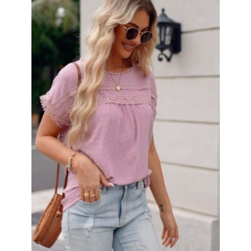 Anthropologie Mine Lace Yoke Short Sleeve Blouse - Pink